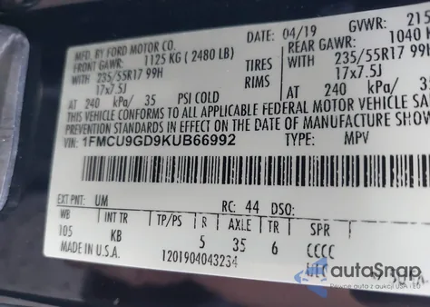 2019 Ford Escape Se z USA, uszkodzony, nr VIN 1FMCU9GD9KUB66992